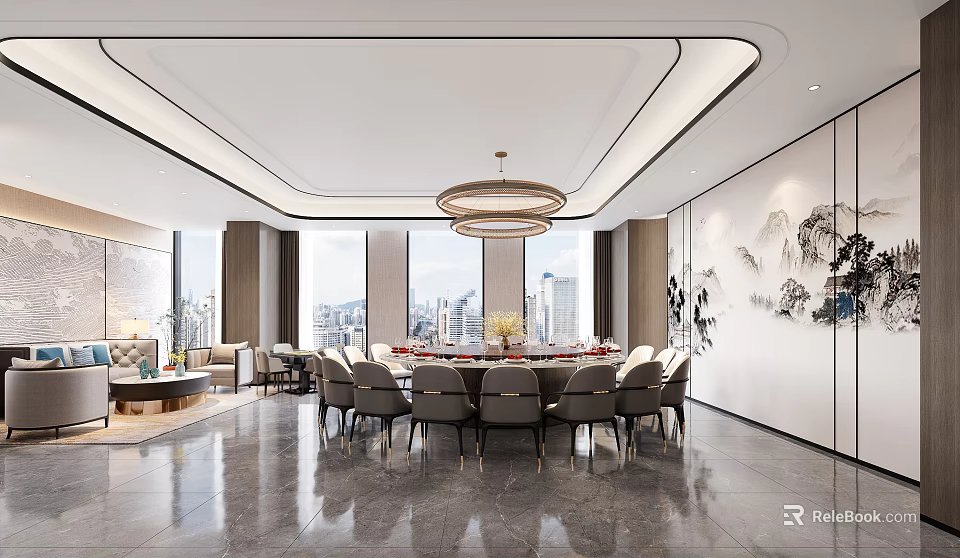 Modern Private Dining Room With City View Round Table And Chairs 3d model