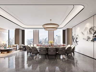 Modern Private Dining Room With City View Round Table And Chairs 3d model