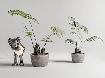 Bonsai Potted Plants With Fern Leaves In Gray Textured Pots And Koala Doll 3d model