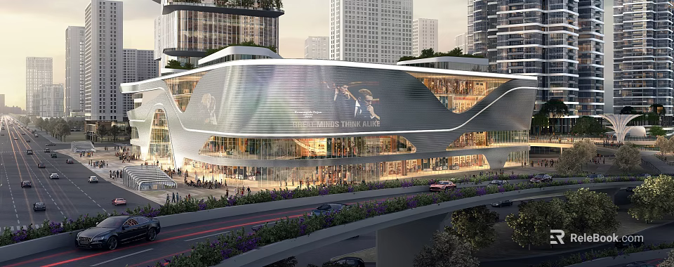 Modern Commercial Street With Curved Glass Facade Tall Buildings Pedestrians And Greenery 3d model 
