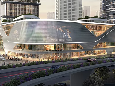 Modern Commercial Street With Curved Glass Facade Tall Buildings Pedestrians And Greenery 3d model