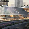 Modern Commercial Street With Curved Glass Facade Tall Buildings Pedestrians And Greenery