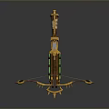 Golden Wooden Crossbow Weapon With Green Glowing Elements And Spiked Decorations