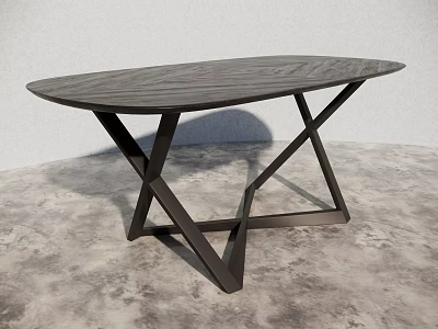 Modern Dark Wooden Desk With Oval Top And Black Crossed Legs 3d model