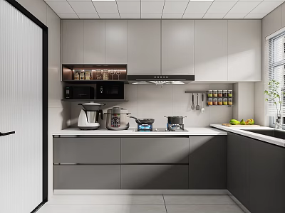 Modern Kitchen Interior Design With Gray White Cabinets Coffee Maker Pots Fruits And Window Plant 3d model