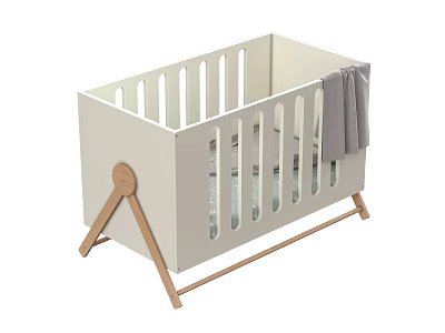 White Wooden Children's Bed with Triangular Frame Slatted Guardrail and Grey Blanket 3d model