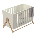 White Wooden Children's Bed with Triangular Frame Slatted Guardrail and Grey Blanket