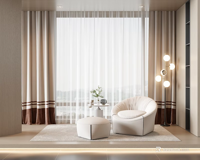 Elegant Modern Curtain Design With Floor To Ceiling Sheer Layer And White Armchair Ottoman 3d model 