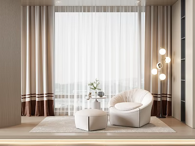 Elegant Modern Curtain Design With Floor To Ceiling Sheer Layer And White Armchair Ottoman 3d model