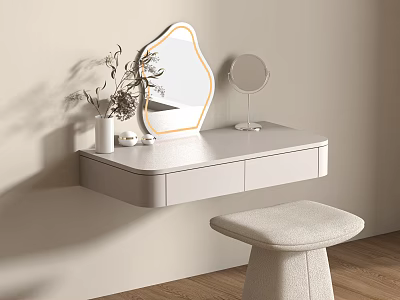 Modern Minimalist Dressing Table With Wall Mounted Design Decorative Mirror Stool And Vase With Plant 3d model