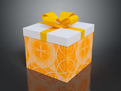 Decorative Gift Box With Orange Slice Pattern White Top And Yellow Ribbon Bow 3d model