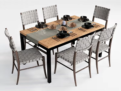 Woven Chair Wooden Dining Table Set With Tableware Candle And Pine Cone Decor 3d model