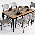 Woven Chair Wooden Dining Table Set With Tableware Candle And Pine Cone Decor