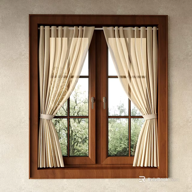 Wooden Frame Window With Tied Beige Curtains And Green Tree View 3d model 