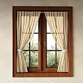 Wooden Frame Window With Tied Beige Curtains And Green Tree View