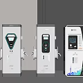 Three Modern Public Electric Vehicle Charging Stations With Digital Screens And Charging Ports