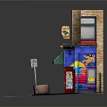 Cartoon Style Brick Storefront With Green Awning Blue Doors Windows Street Sign And Large Pot