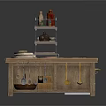 Wooden Kitchen Table With Multi Tiered Rack Condiment Bottles Plates Drawers And Utensils