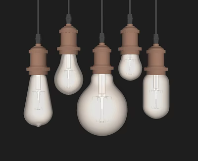 Vintage Pendant Lights With Brown Base And Transparent Bulbs In Various Sizes On Black Background 3d model