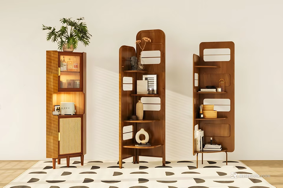 Stylish Wooden Shelving Units With Decorative Items Plant And Geometric Rug Against White Wall 3d model 