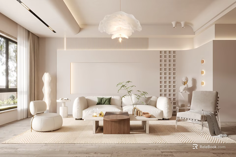 Modern Minimalist Living Room Interior With White Sofa Green Cushions And Coffee Table 3d model 