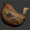 Traditional Decorative Bowl With Orange Interior And Black Red Landscape Patterns And Small Duck Ornament