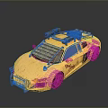 Yellow Modified Sports Car With Roof Mounted Guns Red Wheels And Supers Lettering