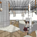 Modern Café Interior Design With Perforated Ceiling Hanging Lights And Counter Seating