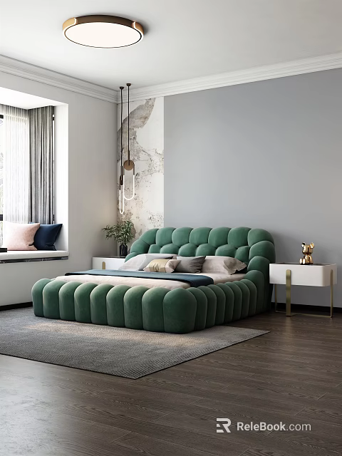 Green Velvet Upholstered Double Bed In Modern Bedroom With Nightstand Window And Plants 3d model 