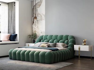 Green Velvet Upholstered Double Bed In Modern Bedroom With Nightstand Window And Plants 3d model