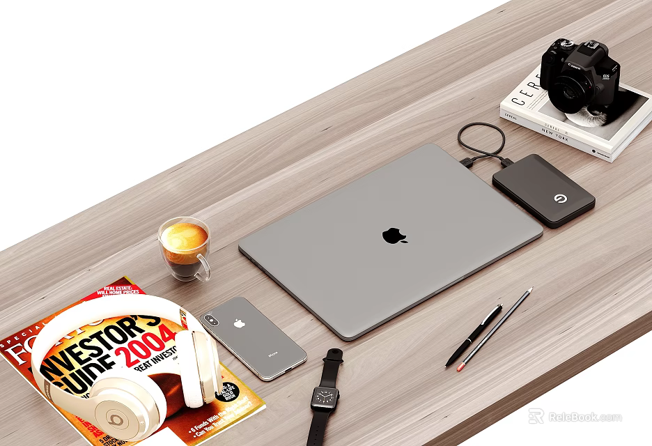 Modern Laptop Setup with Coffee Cup Smartphone Headphones and Watch on Wooden Desk 3d model 
