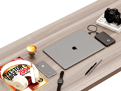 Modern Laptop Setup with Coffee Cup Smartphone Headphones and Watch on Wooden Desk 3d model