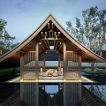 Courtyard Garden Wooden Pavilion with Gabled Roof Water Feature Reflection Greenery Lighting and Sofa Seating