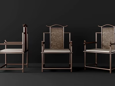 Three Chinese Style Armchairs With Wooden Frame Woven Backrest And Light Colored Seat 3d model