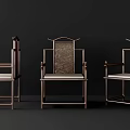 Three Chinese Style Armchairs With Wooden Frame Woven Backrest And Light Colored Seat