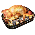 Juicy Golden Brown Roasted Chicken On Baking Tray With Tender Roasted Potatoes