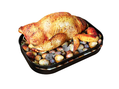 Juicy Golden Brown Roasted Chicken On Baking Tray With Tender Roasted Potatoes 3d model