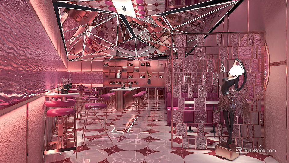 Elegant Luxury Bar Interior With Pink Mirrored Walls And Gold Bar Stools Design 3d model 