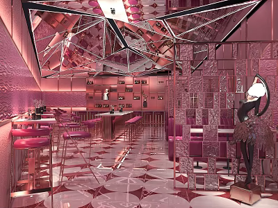 Elegant Luxury Bar Interior With Pink Mirrored Walls And Gold Bar Stools Design 3d model