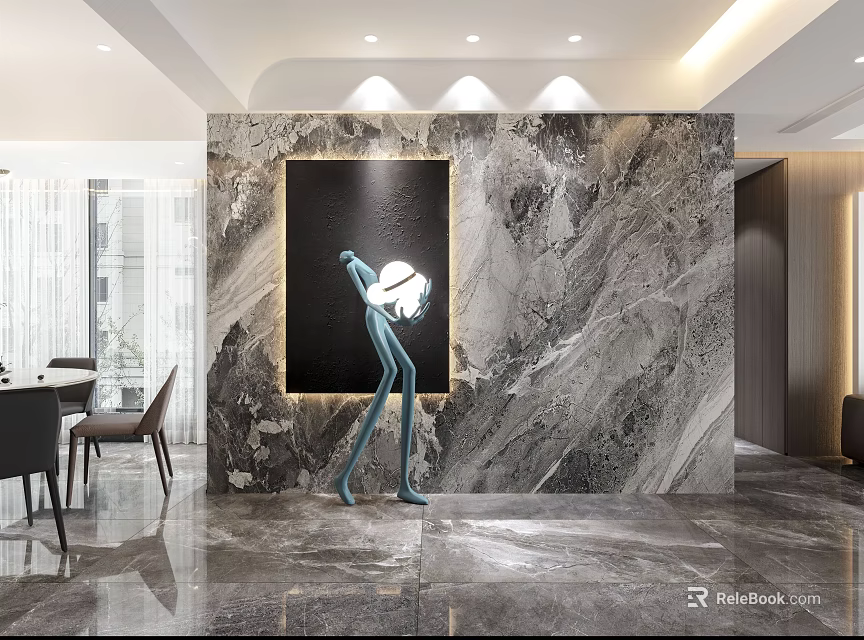 Modern Dining Living Room Interior Design With Marble Wall Art Sculpture And Dining Table 3d model 