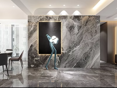Modern Dining Living Room Interior Design With Marble Wall Art Sculpture And Dining Table 3d model