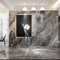 Modern Dining Living Room Interior Design With Marble Wall Art Sculpture And Dining Table