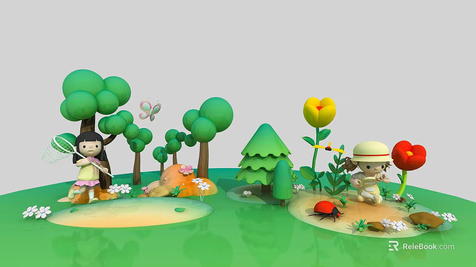 Cartoon Forest Scene With Green Trees Flowers Butterfly Ladybug And Characters 3d model 
