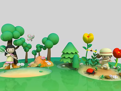 Cartoon Forest Scene With Green Trees Flowers Butterfly Ladybug And Characters 3d model