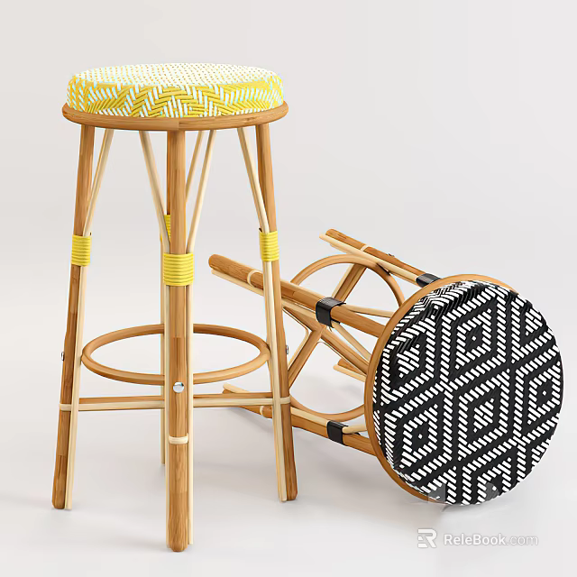 Stylish Bar Stools With Yellow Woven Seat Wooden Legs And Black White Geometric Pattern 3d model 