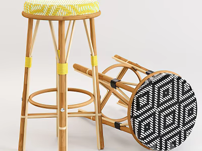 Stylish Bar Stools With Yellow Woven Seat Wooden Legs And Black White Geometric Pattern 3d model