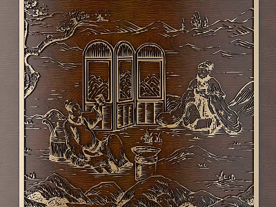 Traditional Chinese Wood Carving Panel With Landscape Figures And Architectural Details 3d model