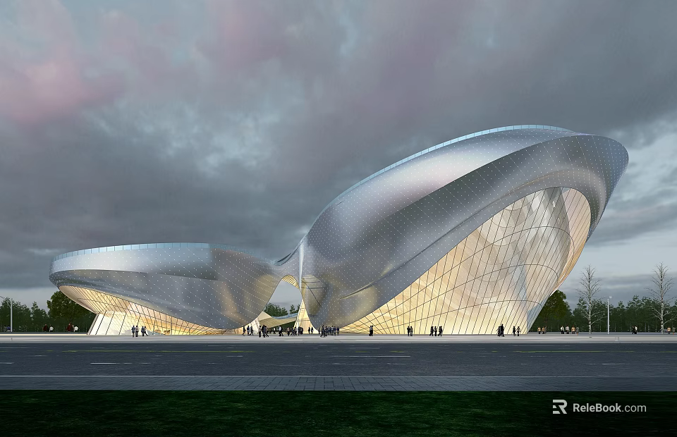 Modern Museum Building Featuring Curved Silver Metal Structure and Glass Facade under Pink Cloudy Sky 3d model 