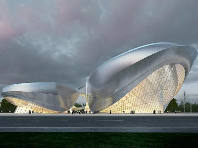 Modern Museum Building Featuring Curved Silver Metal Structure and Glass Facade under Pink Cloudy Sky 3d model