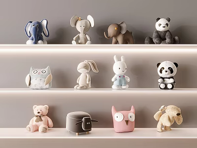 Display Of Cute Plush Toys And Decorative Items On Shelves 3d model